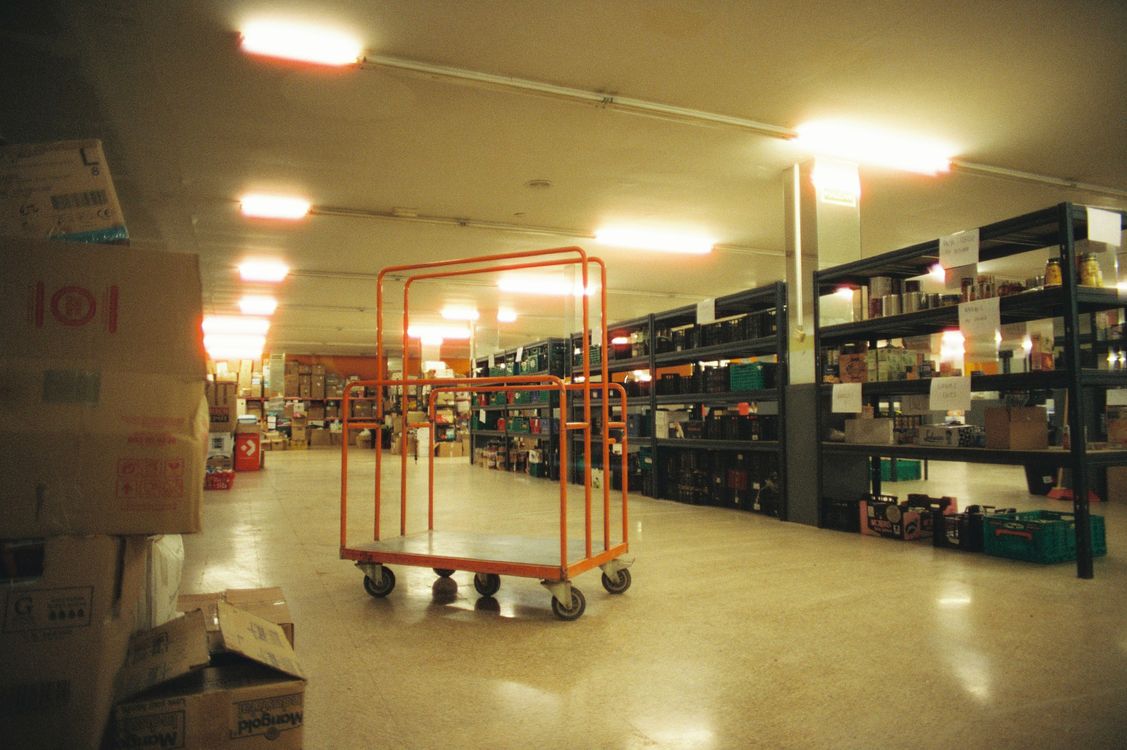 Warehouse with electronics inventory and component shelving