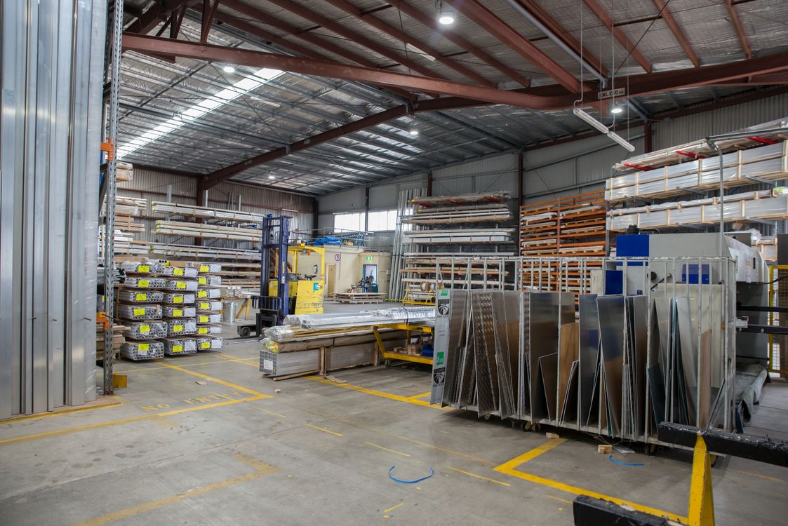 Finished metal and structural steel products in a fabrication warehouse