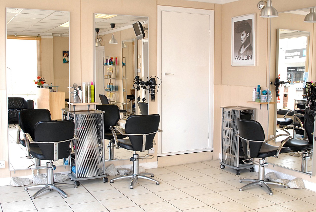 Salon styling stations and chairs in a beauty salon